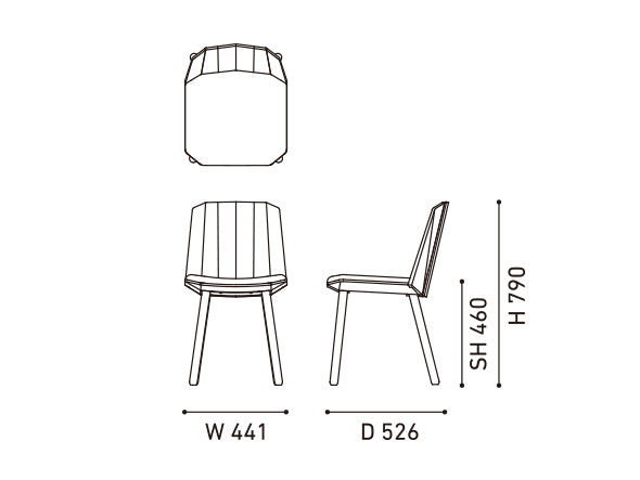 Chaise Colour Wood — plan coté : 441 mm de large, 526 de profondeur, 790 de haut, assise à 460 | Antifer
