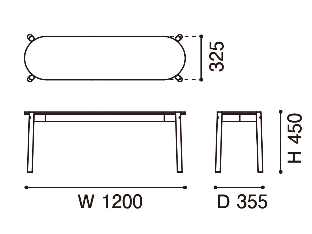 Banc de table Castor — plan coté : 1 200 mm de large, 355 de profondeur, 450 de haut | Antifer