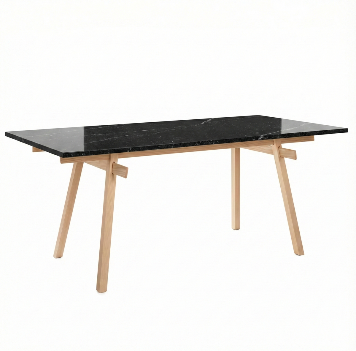 Piètement tréteaux Stand frêne massif avec plateau granit noir — vue trois-quarts — Antifer