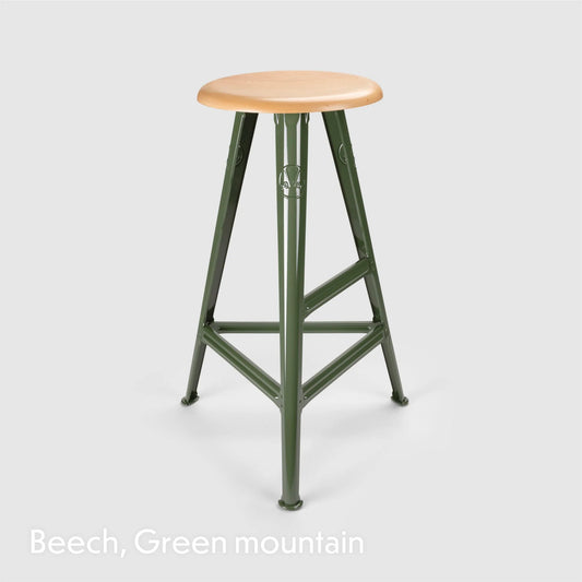 Tabouret haut Rowac Schemel 75 cm vert montagne assise hêtre — acier riveté — Antifer