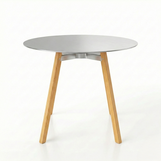 Table SU Emeco plateau aluminium brossé et pieds chêne — vue catalogue — design Nendo | Antifer