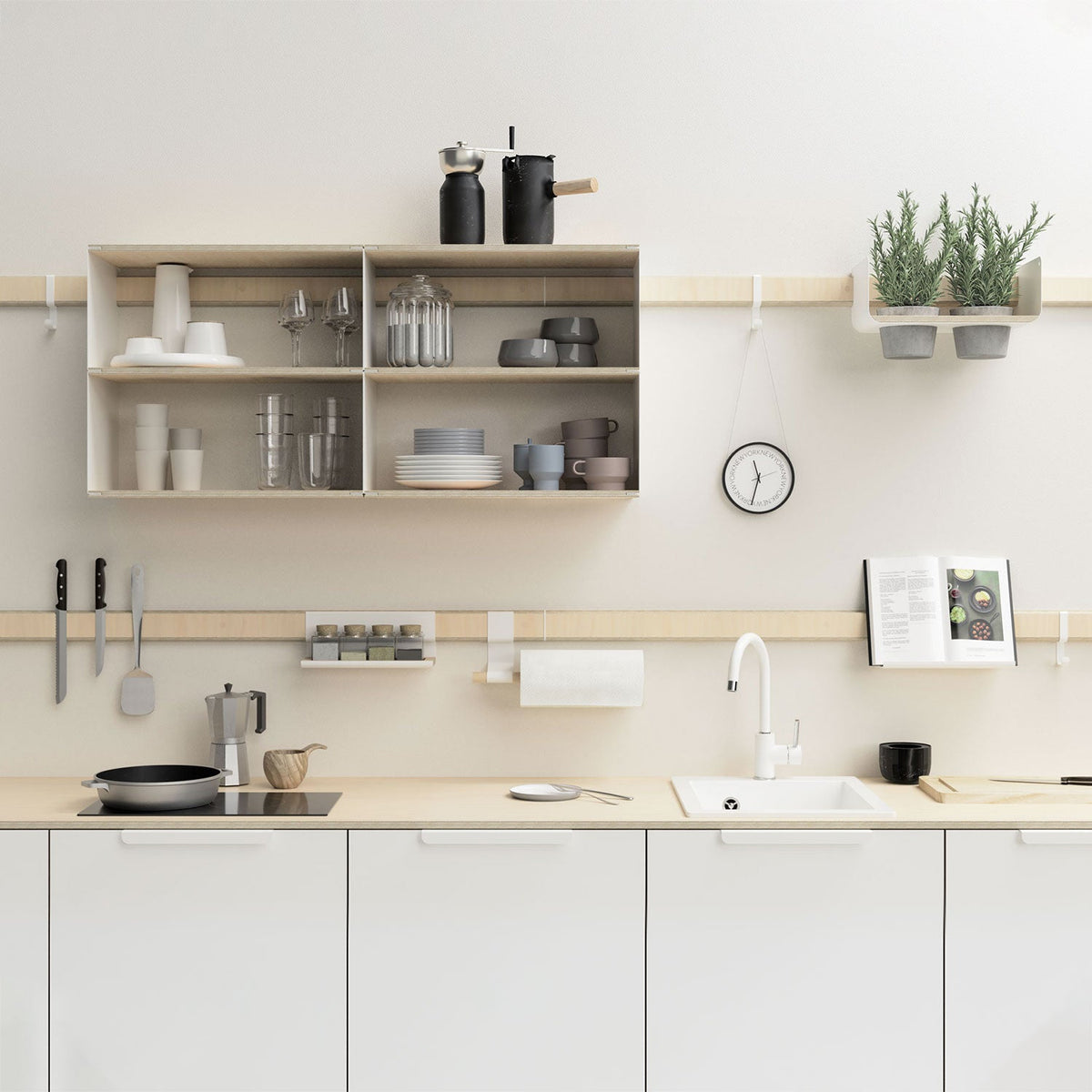 Rail mural Variand LED en bouleau dans une cuisine