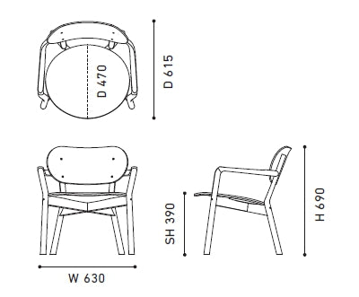 Fauteuil bas Castor — plan coté : 630 mm de large, 615 de profondeur, 690 de haut, assise à 390 | Antifer