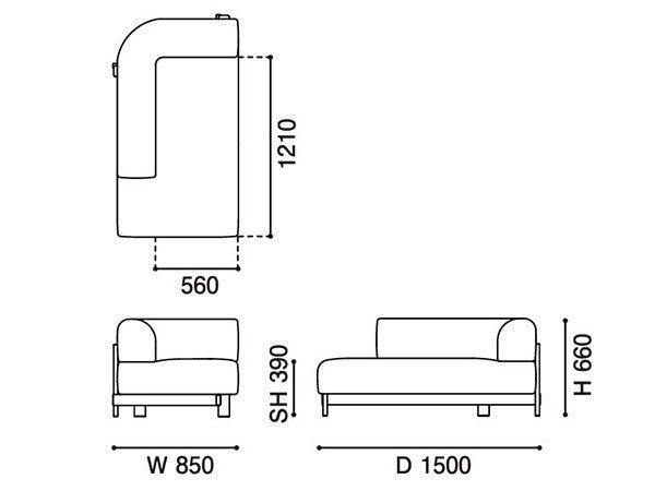 Méridienne Elephant gauche — plan coté : 850 mm de large, 1 500 de profondeur, 660 de haut | Antifer