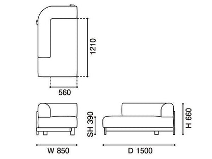 Méridienne Elephant gauche — plan coté : 850 mm de large, 1 500 de profondeur, 660 de haut | Antifer