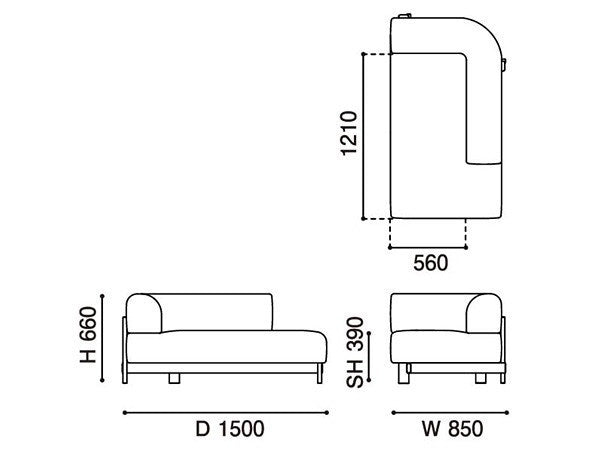 Méridienne Elephant droite — plan coté : 850 mm de large, 1 500 de profondeur, 660 de haut | Antifer