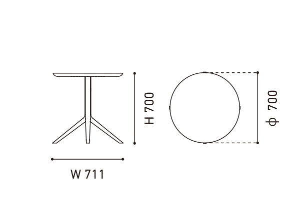 Table bistrot Scout — plan coté : plateau de 700 mm de diamètre, hauteur 700 mm, empattement 711 mm | Antifer