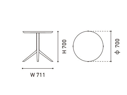 Table bistrot Scout — plan coté : plateau de 700 mm de diamètre, hauteur 700 mm, empattement 711 mm | Antifer