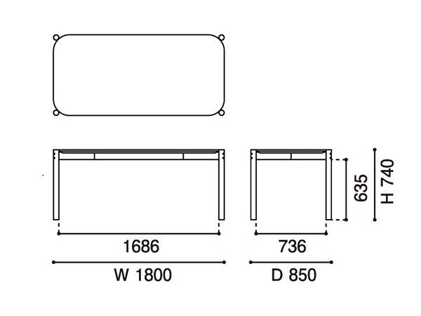 Table Castor 180 — plan coté : 1 800 mm de large, 850 de profondeur, 740 de haut | Antifer