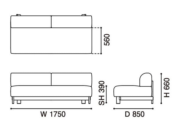 Banquette Elephant 3 places — plan coté : 1 750 mm de large, 850 de profondeur, 660 de haut | Antifer