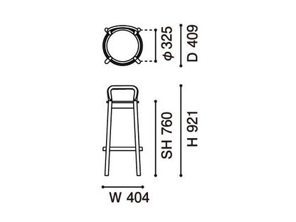Tabouret de bar Castor — plan coté : assise à 760 mm, hauteur totale 921 mm, empattement 404 mm | Antifer