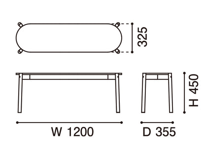 Banc de table Castor — plan coté : 1 200 mm de large, 355 de profondeur, 450 de haut | Antifer
