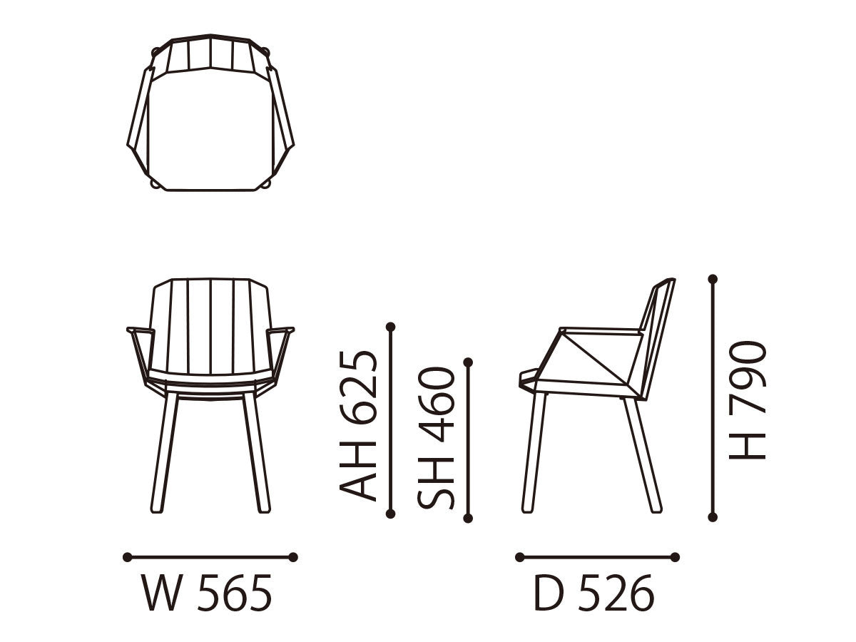 Fauteuil Colour Wood — plan coté : 565 mm de large, 526 de profondeur, 790 de haut, assise à 460 | Antifer