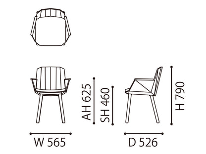 Fauteuil Colour Wood — plan coté : 565 mm de large, 526 de profondeur, 790 de haut, assise à 460 | Antifer