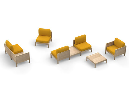 Composition Castor Lobby Sofa jaune vue en plongée, fauteuils et table basse — vue studio n°7 | Antifer