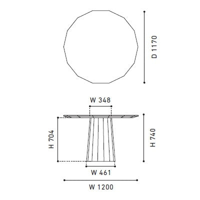 Table Colour Wood ø120 — plan coté : plateau de 1 200 mm, hauteur 740 mm, fût de 348 à 461 mm | Antifer