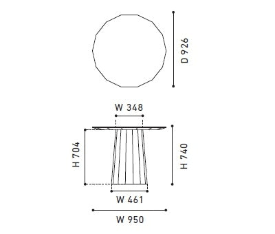 Table Colour Wood ø95 — plan coté : plateau de 950 mm, hauteur 740 mm, fût de 348 à 461 mm | Antifer