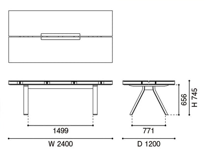Bureau Spectrum — plan coté du plateau double : 2 400 mm de large, 1 200 de profondeur, 745 de haut | Antifer