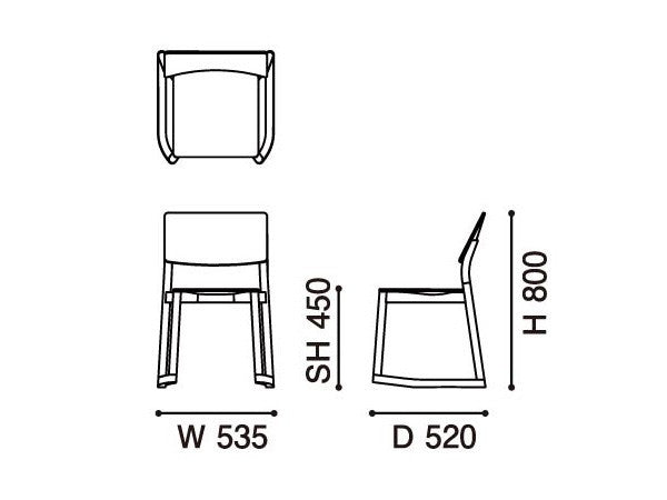 Chaise Panorama à patins — plan coté : 535 mm de large, 520 de profondeur, 800 de haut, assise à 450 | Antifer