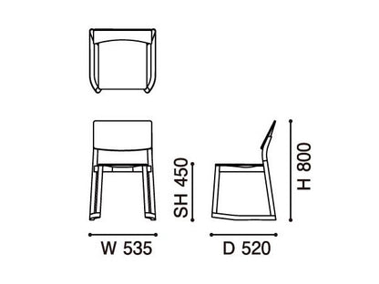 Chaise Panorama à patins — plan coté : 535 mm de large, 520 de profondeur, 800 de haut, assise à 450 | Antifer