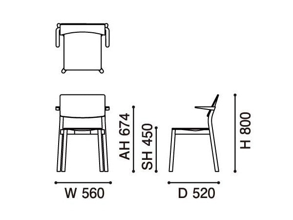 Fauteuil Panorama — plan coté : 560 mm de large, 520 de profondeur, 800 de haut, assise à 450 | Antifer