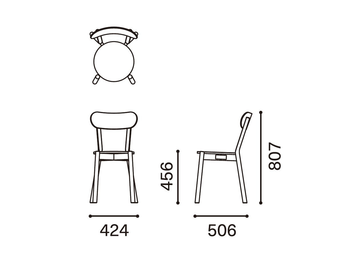 Chaise Castor — plan coté : 424 mm de large, 506 de profondeur, 807 de haut, assise à 456 | Antifer