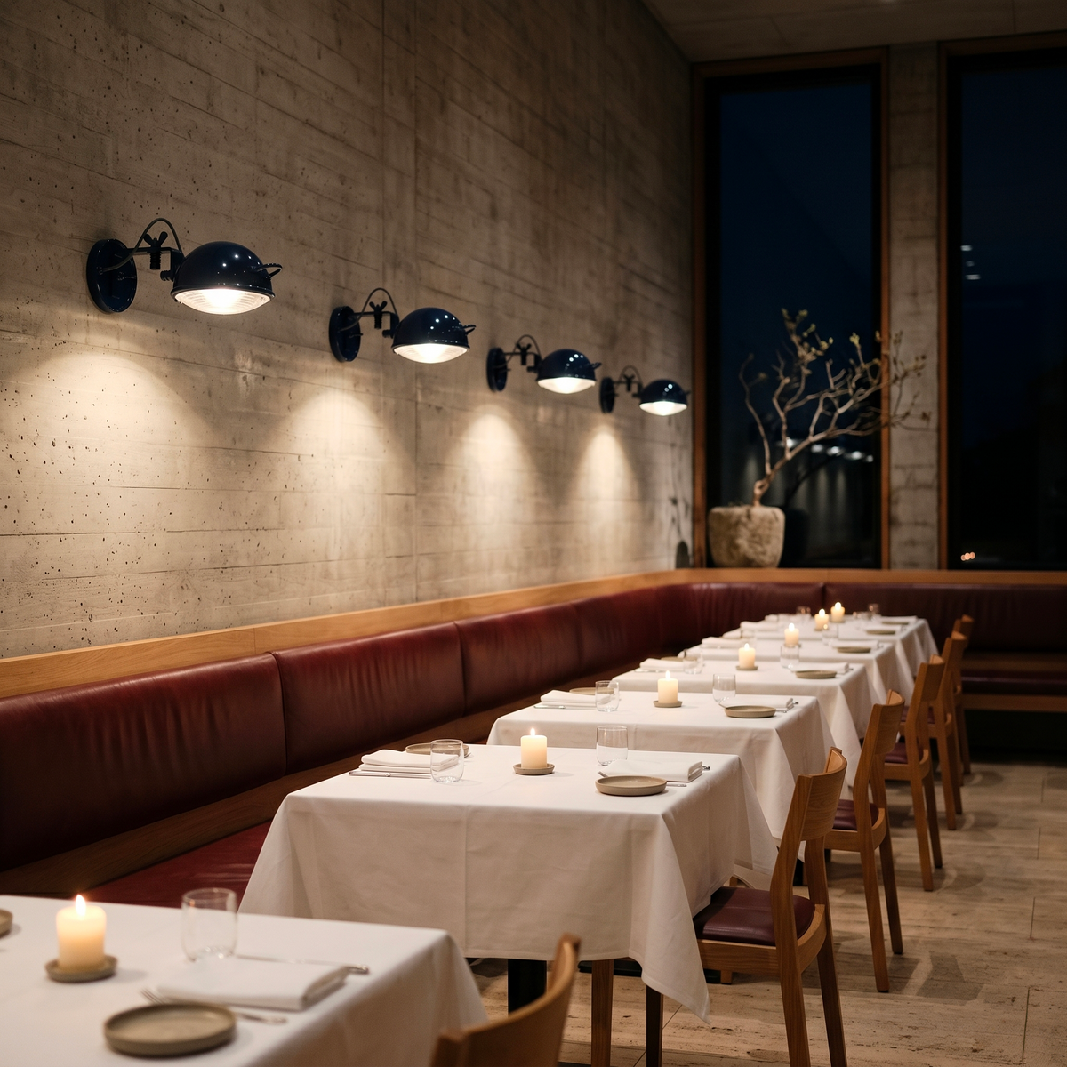 Applique Jeep bleu en restaurant, allumée, design Cesare Leonardi & Franca Stagi | Antifer