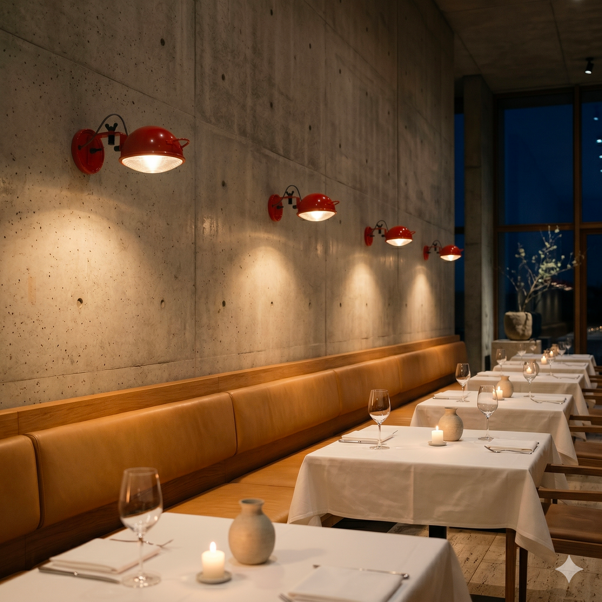 Applique Jeep rouge en restaurant, allumée, design Cesare Leonardi & Franca Stagi | Antifer