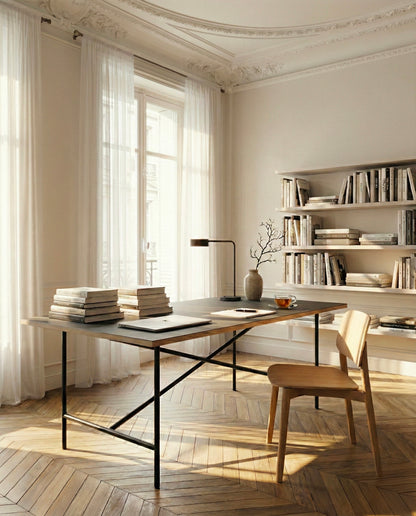 Schwarze E2 Stahl-Tischbeine im Wohnzimmer mit Holzplatte — minimalistisches Design | Antifer