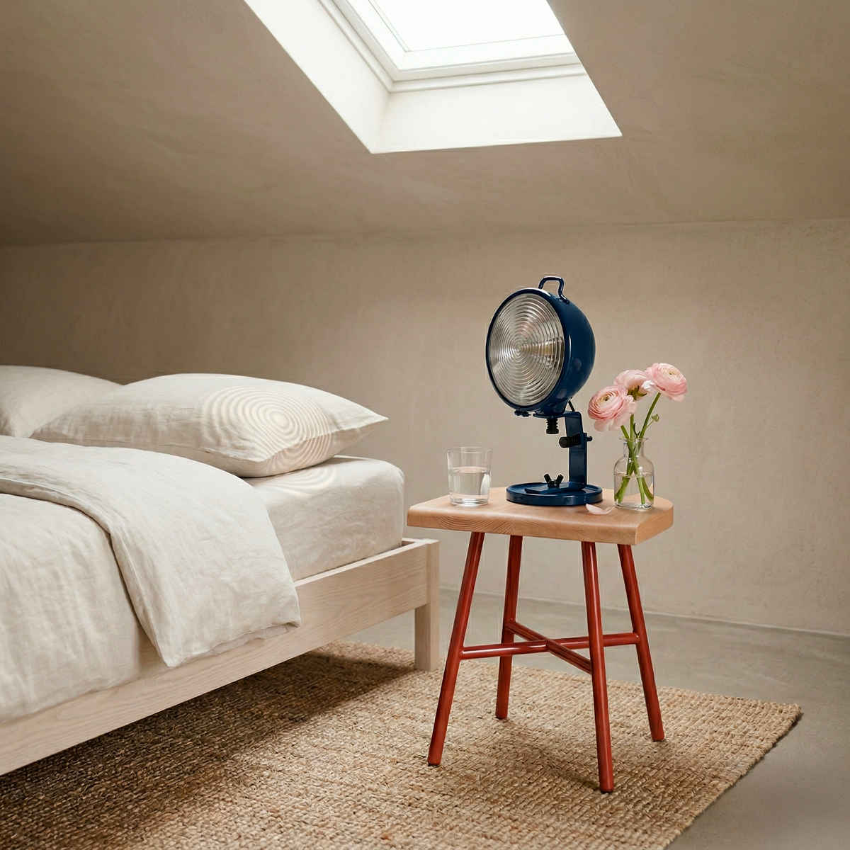 Lampe Jeep rouge aluminium en chambre sous fenêtre — design Cesare Leonardi & Franca Stagi | Antifer