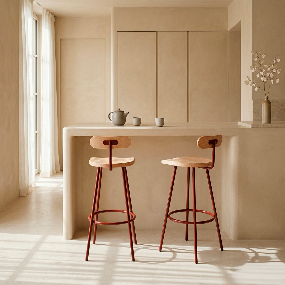 Tabouret haut Camarade en cuisine zen — hêtre massif et acier, design Big Game | Antifer