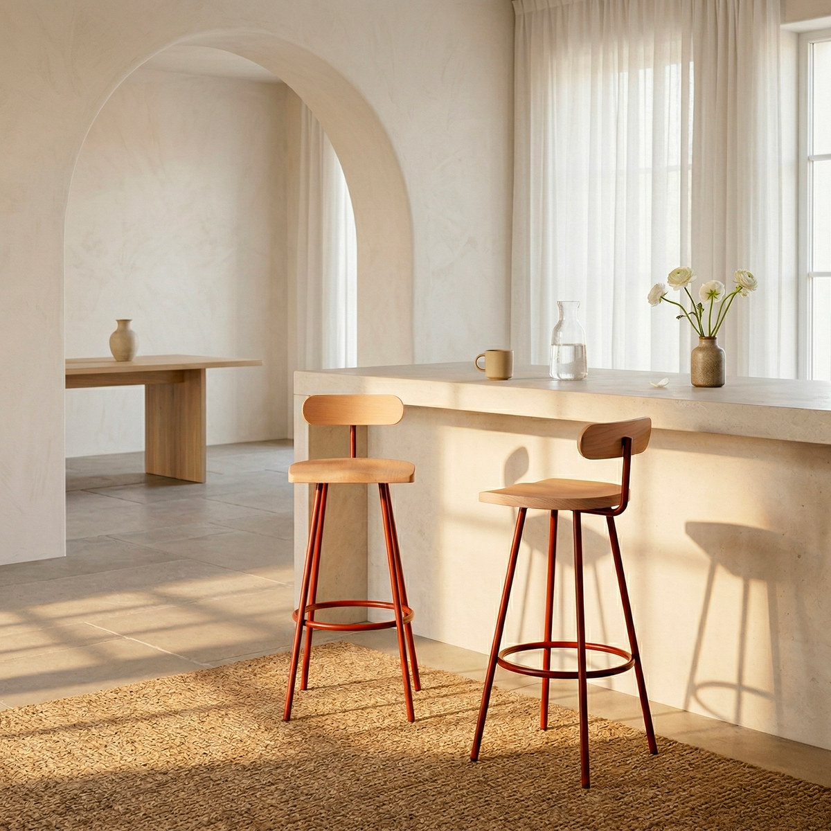 Tabouret haut Camarade en hêtre massif et acier, vue avec ombres portées — design Big-Game pour Antifer