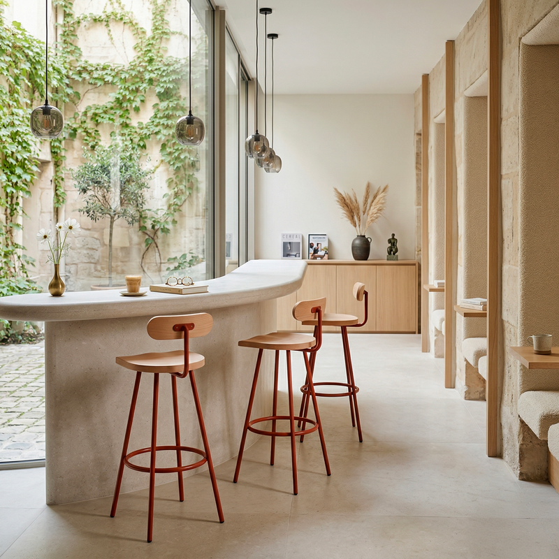 Tabouret haut Camarade installé sur une terrasse extérieure