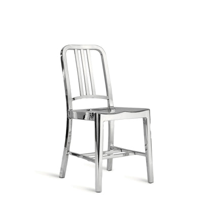 Emeco 1006 Navy chairs stacked — brushed aluminium, compact storage | Antifer