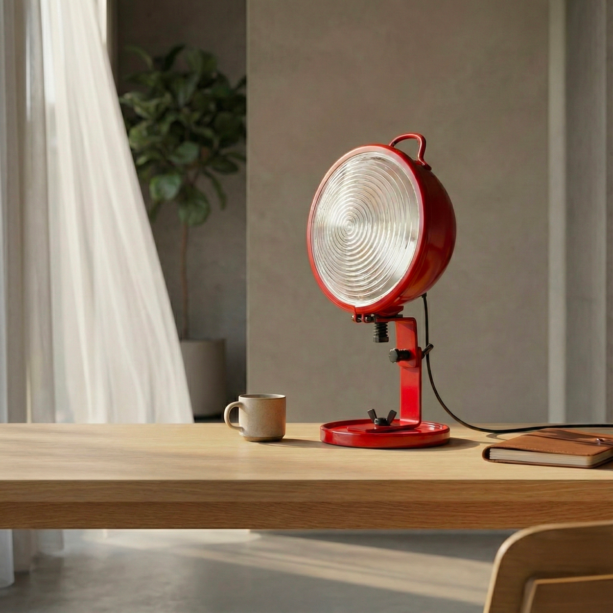 Lampe Jeep rouge en situation salon — design Cesare Leonardi & Franca Stagi — Antifer