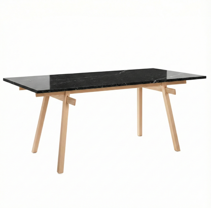 Piètement tréteaux Stand frêne massif avec plateau granit noir — vue trois-quarts — Antifer