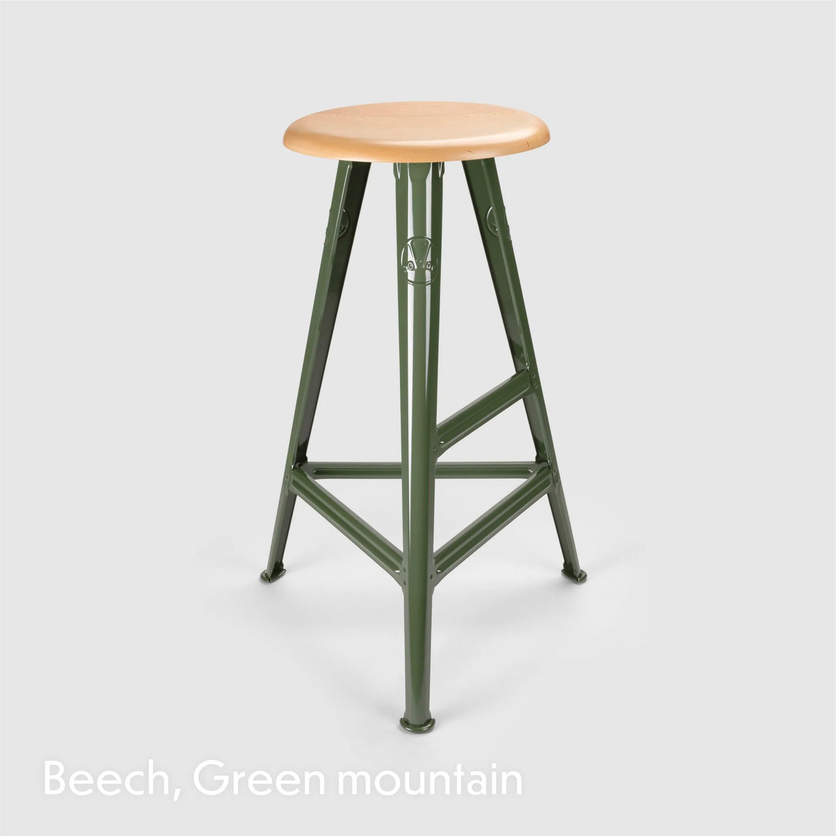 Tabouret haut Rowac Schemel 75 cm vert montagne assise hêtre — acier riveté — Antifer