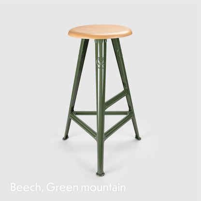 Tabouret haut Rowac Schemel 75 cm vert montagne assise hêtre — acier riveté — Antifer