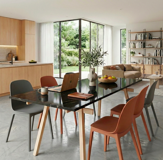 Piètement tréteaux Stand frêne massif avec plateau granit en situation salon — Antifer