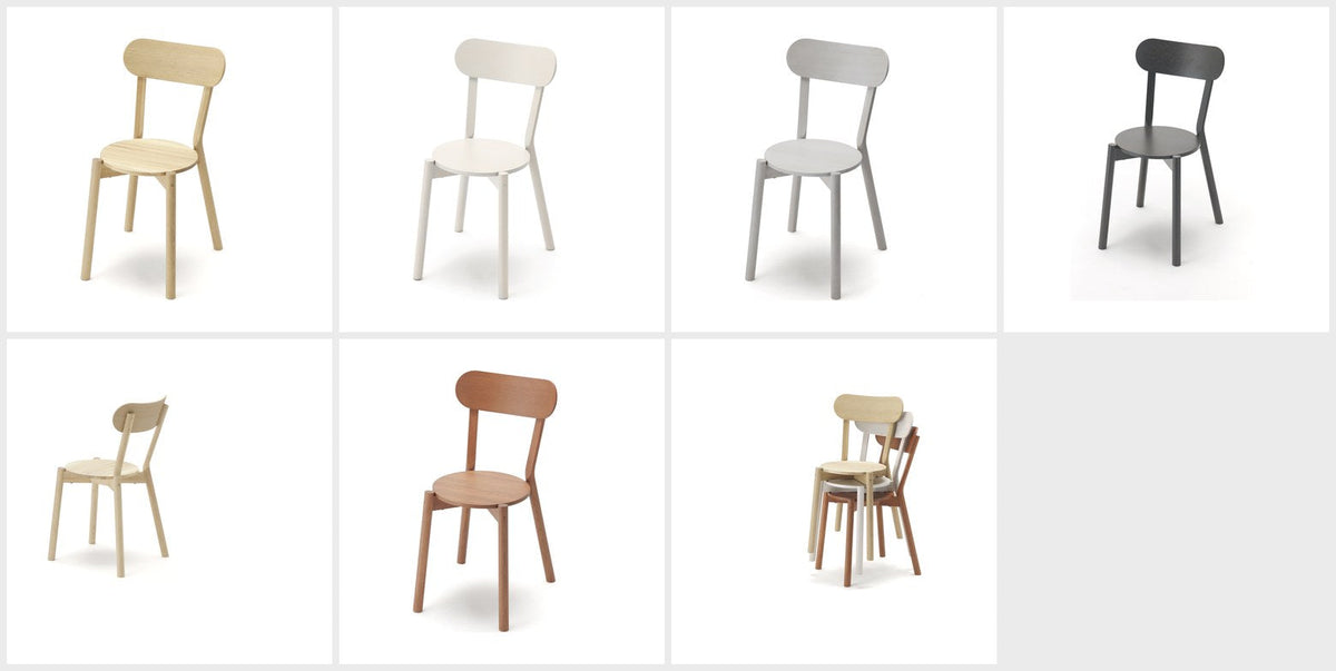 Planche des finitions de la chaise Castor : chêne, blanche, grise, noire, brune, et vue empilée | Antifer