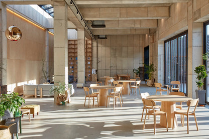Chaises Castor autour de tables rondes dans un hall en béton, avec plantes et suspension | Antifer